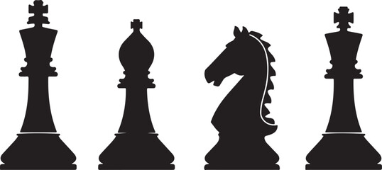 Silhouette of four chess pieces including two kings a bishop and a knight on a white background