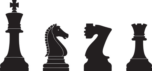 Silhouette of four chess pieces including a king a knight a rook and a queen on a white background