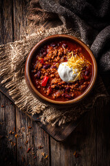 Hearty chili bowl with balanced toppings in ceramic dish on rustic cloth and wooden table captured in warm top down cozy composition  
