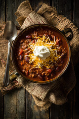 Hearty chili bowl with balanced toppings in ceramic dish on rustic cloth and wooden table captured in warm top down cozy composition  
