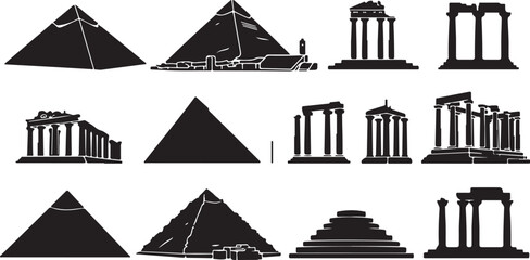 Silhouettes of Ancient Egyptian Pyramids and Greek Temples on White Background vector illustration