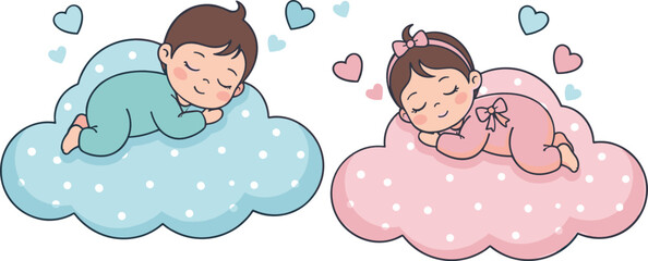 Cute sleeping baby boy and girl on clouds with hearts nursery cartoon vector illustration design © sahajahan