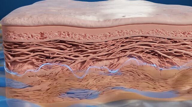 Abstract 3D visualization of dermal layers undergoing structural enhancement and smoothing represented by geometric waves infographic, antiaging, collagen