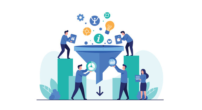 Data processing and lead generation concept with a business team collecting and filtering information through a large funnel.