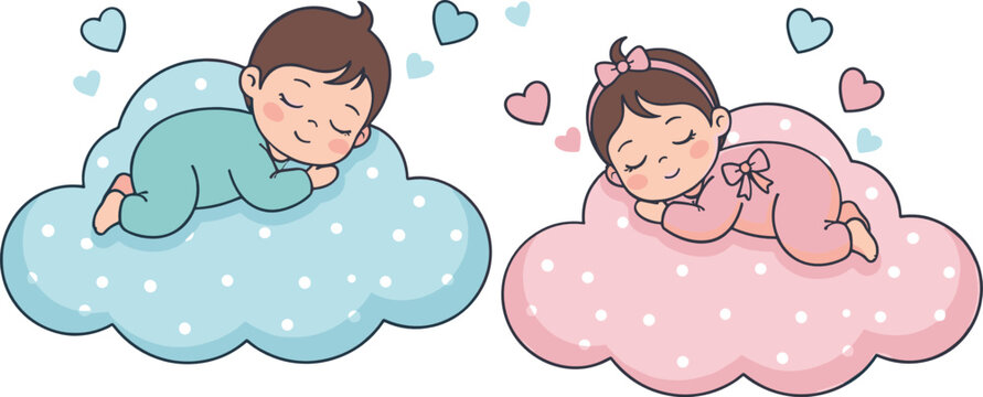 Cute sleeping baby boy and girl on clouds with hearts nursery cartoon vector illustration design
