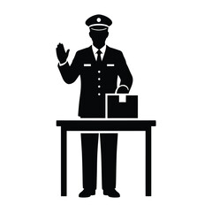 Black silhouette of a man in uniform with a cap raising his hand and a box on a table vector