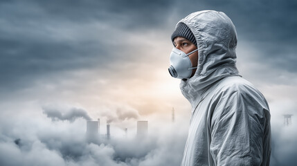 Lone worker or environmental inspector in protective gear standing near an industrial site with visible smoke pollution from factory chimneys.