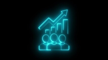 glowing Neon business growth and teamwork icon animation on black background. group success symbol icon. people collaboration with upward arrow, business progress and team development. 4k video. - Powered by Adobe