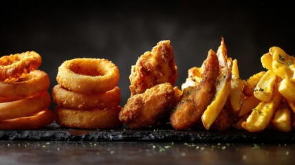 Crispy onion rings, fried chicken, potato wedges, and seasoned fries on slate platter.