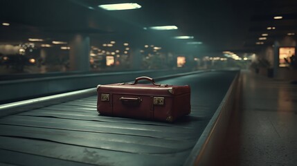 Vintage leather luggage travels alone on a dimly lit airport baggage carousel