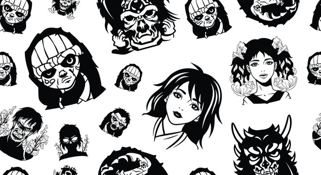 Seamless pattern background with a collection of various black and white horror, monster, and anime-style character faces.