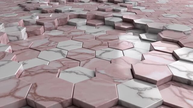 Abstract 3D rendering of countless small pink and white hexagonal marble tiles seamlessly shifting and rotating in an endless geometric pattern loop texture background, corporate, white stone