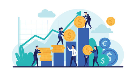 Fototapeta premium Business team collaborating to stack gold coins onto a growing bar chart, illustrating financial growth, investment success, and profit generation.