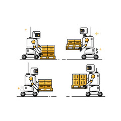 automated warehouse robots moving wooden pallets with gold highlights for futuristic logistics blogs, smart industry websites, technology presentations and gift cards, with copy space