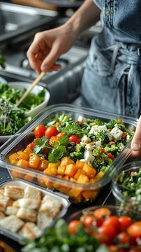 A person arranges colorful vegetables and salad in clear containers. Fresh ingredients like tomatoes, herbs, and greens are used in this cooking process. This takes place in a kitchen setting