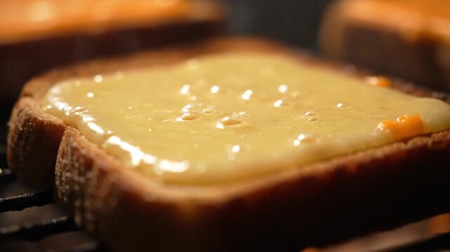 A slice of bread topped with melted cheese on a grill viewed from a close-up angle