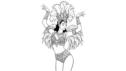 Woman wearing an elaborate Carnival costume, dancing samba, feathers, gemstones and glitter, highly detailed vector illustration, smooth lines, dynamic pose, editorial style, neutral background