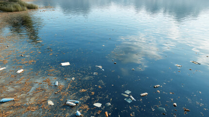 Polluted water with floating plastic waste and trash near a natural shoreline. Murky surface illustrating water pollution and environmental damage.