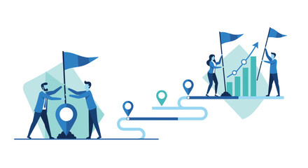 Two business teams marking milestones on a winding path, planting flags to symbolize the achievement of goals and tracking progress toward success.