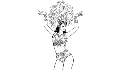 Woman wearing an elaborate Carnival costume, dancing samba, feathers, gemstones and glitter, highly detailed vector illustration, smooth lines, dynamic pose, editorial style, neutral background