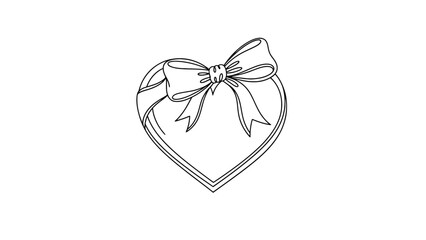 Simple line art drawing of a heart-shaped gift box tied with a decorative bow, symbolizing love and presents, isolated white background. © Leomord