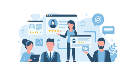 Human resources concept with managers reviewing candidate profiles and customer feedback, focusing on recruitment, employee performance, and client satisfaction ratings.