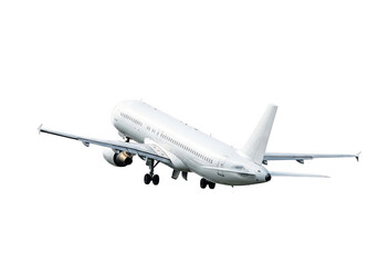 Fototapeta premium White airplane ascending against a stark black background