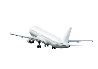 White airplane ascending against a stark black background