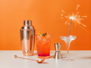 a cocktail glass with a sparkler and a cocktail shaker