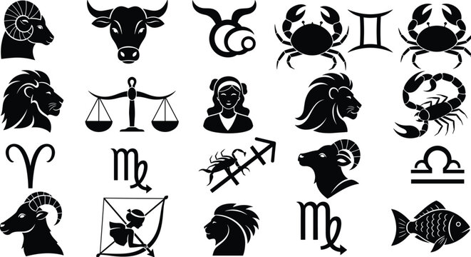 Collection of black zodiac sign icons and symbols, including Aries, Taurus, Gemini, and others, isolated on a white background for astrological designs.