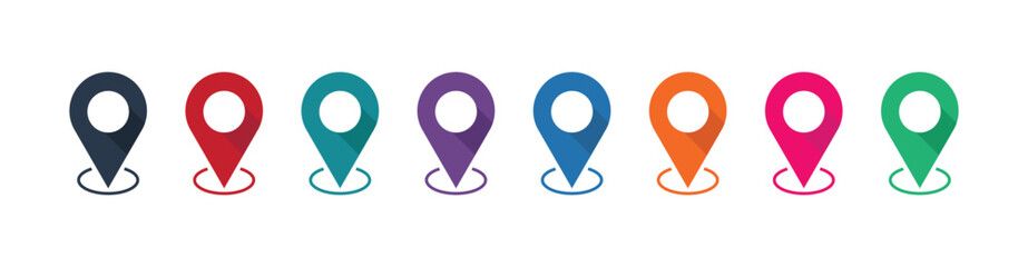 Colorful Map Pin Location Icon Set with Shadow and Circular Base