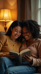 Cosy Evening: Interracial Lesbian Couple Reading at Home