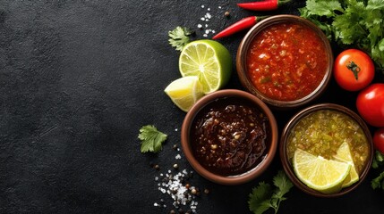 Variety of spicy sauces with fresh lime, tomatoes, and herbs on dark surface.
