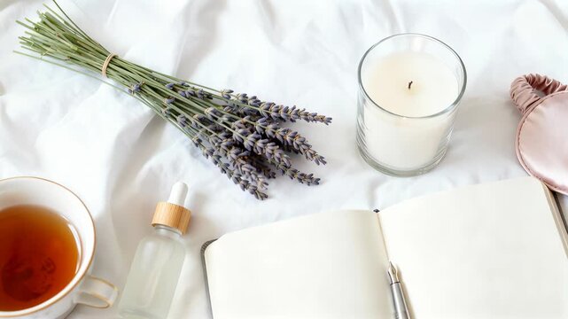 Open notebook lies on white bedding with blank pages and a pen, surrounded by a lit candle, dried lavender bundle, silk eye mask, cosmetic dropper bottle and a cup of tea, leaving a clear area for tex