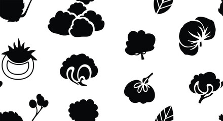 Seamless black and white pattern with various stylized vegetable icons, including broccoli, tomato, and cabbage, for a healthy food or gardening theme.