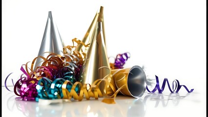 Festive arrangement with party hats, coiled streamers in multiple colors, and noisemakers, all set against a white backdrop