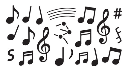 A collection of black musical notation symbols and markings on a white background