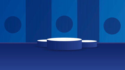 Abstract Blue Podium Background with Cylindrical Platforms and Geometric Wall Pattern &ndash; Modern 3D Stage for Product Display, Branding, Advertising, Mockups, and Minimal Presentation