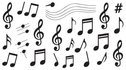 A collection of musical notes and symbols arranged in a grid pattern on a white background.