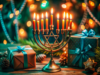 a menorah with candles and presents