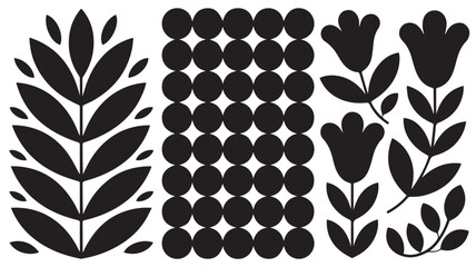 A minimalist black and white illustration of plants and flowers with leaves and stems.