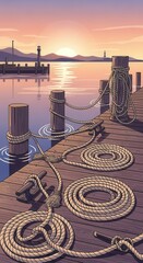 Fototapeta premium Wooden dock features coiled ropes against a soft sunset over calm water