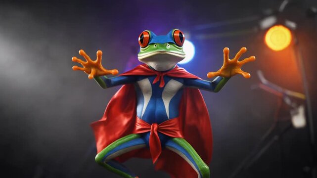 Anthropomorphic Frog Superhero in Red Cape and Blue Costume Posing image photo