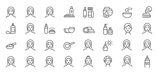 Woman beauty skincare routine line art illustration set showing face massage and cream application