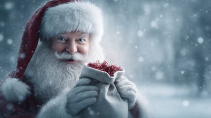 Cheerful santa claus holding a gift bag in a winter wonderland closeup portrait festive environment joyful concept