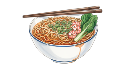 A steaming bowl of noodles with vegetables and chopsticks on a clean white background