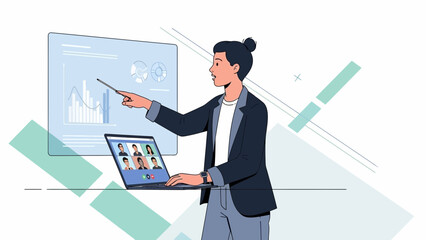 Business meeting presentation with video conference and charts on screen.