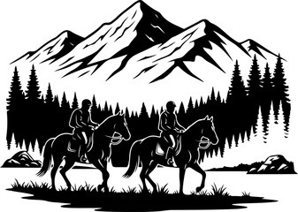 Cowboy Horse Ride in Mountain Wilderness &ndash; Western Vector Illustration