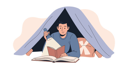 Young man enjoying a quiet evening reading a captivating book by flashlight inside a cozy homemade blanket fort for a nostalgic escape.