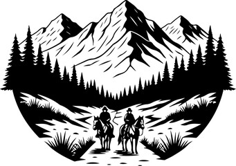 Cowboy Horse Ride in Mountain Wilderness &ndash; Western Vector Illustration